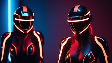 2 cyber girls in illuminated suits with helmets