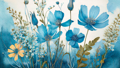 Blue Botanical Watercolor Flowers