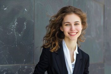 Young smiling woman in a black suit.