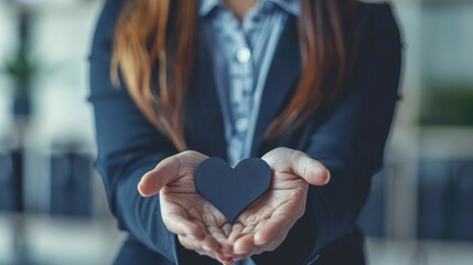 Woman in business attire presenting a black heart-shaped object. Concept of corporate social responsibility with copy space