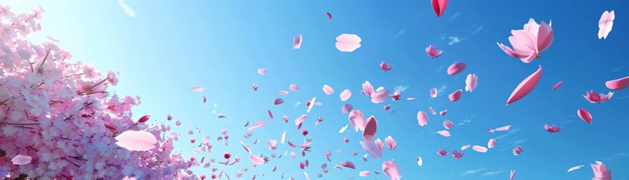 An artful depiction of cherry blossom petals gently falling against 3D render clay style of A backdrop of 3D render clay style of A clear blue sky , no contrast, clean sharp focus