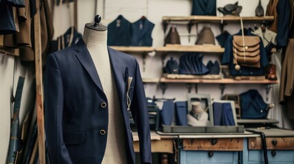 A new stylish suit on a mannequin awaits its customer in the atelier workshop. Subtle patterns add a touch of personality to this versatile suit, suitable for any occasion.