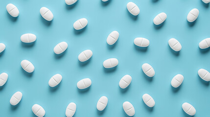 White round pills are evenly spaced on a blue background.