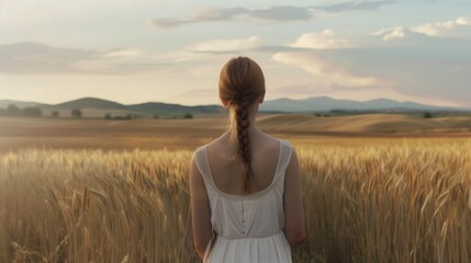 Red-haired girl in a field of wheat in sunset