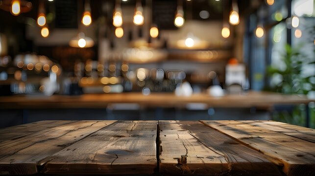 Empty wooden table top with lights bokeh on blur restaurant background ai generated  