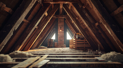 Fototapeta na wymiar Sunbeams illuminate an attic under renovation, filled with wooden planks and construction tools.