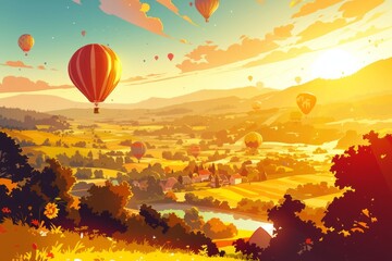 Top view of green landscape and mountain valleys and town and colorful balloons flying in the sky, illustration