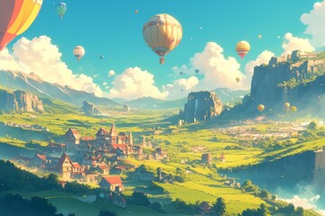 Top view of green landscape and mountain valleys and town and colorful balloons flying in the sky, illustration