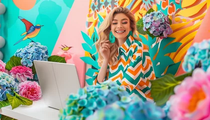 Rolgordijnen Studio portrait photo of a blonde woman, working on laptop, with blue and pink hydrangea flowers and birds on the left, vibrant splashes of colour filling the space around her.  © Tth