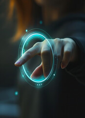 A person engages with a high-tech, holographic interface using a touch gesture, with glowing blue and white rings responding to the fingertip