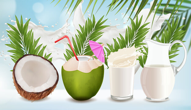 Set of 4 pictures of coconut fruit juice, leaf background, refreshing, sweet, delicious and fragrant when eaten.