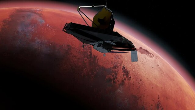 3D Mars Reconnaissance Orbiter, James Webb Space Telescope orbiting Mars. Mars Planet Rotating in the outer space.Traveling to the red planet Mars in space. Elements of this video furnished by NASA.