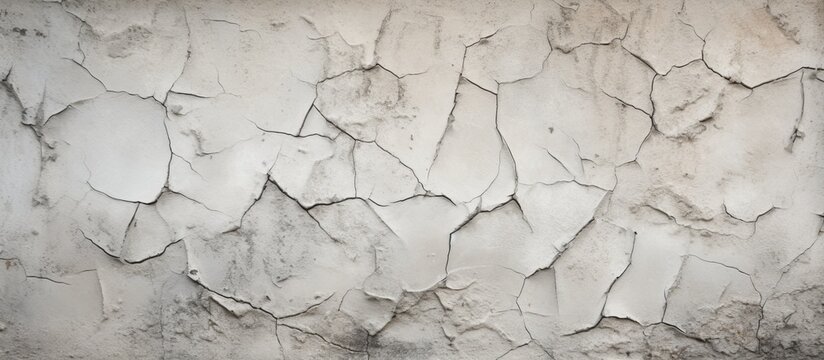 Fototapeta A detailed monochrome photograph showcasing the intricate pattern of a cracked white wall, resembling the texture of rock, freezing in time