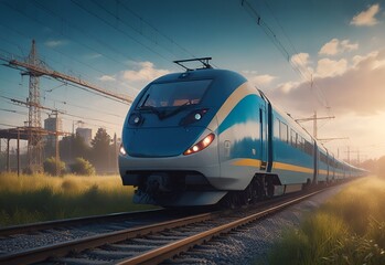Electric passenger train drives at high speed among urban landscape - obrazy, fototapety, plakaty