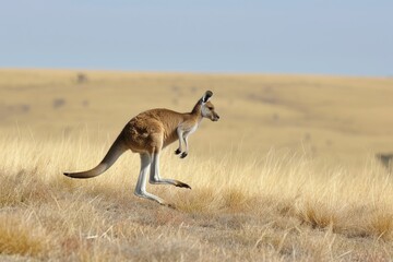 Lone Kangaroo Hopping Across The Australian Outback