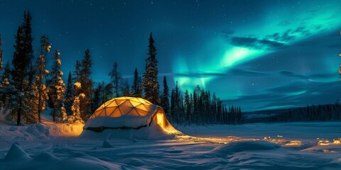 A small dome tent is set up in the snow next to a lake - obrazy, fototapety, plakaty