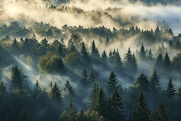 Misty Forest Engulfed In Morning Light, A Picturesque Landscape - obrazy, fototapety, plakaty