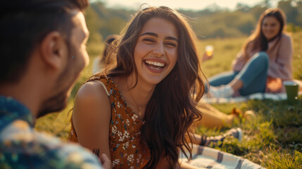 A laughing woman enjoys a picnic with friends in a sunlit park