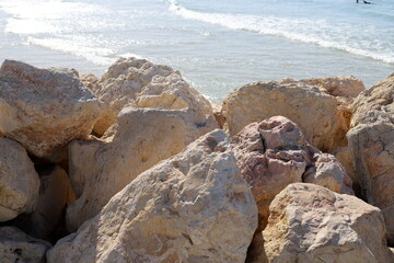 Stones and shells on the shore of the Mediterranean Sea.