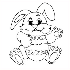 The Easter bunny is sitting holding a colored egg in its paws