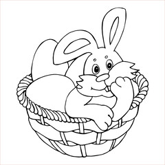 The Easter bunny is sitting in a basket with Easter eggs, for coloring with black and white linear...