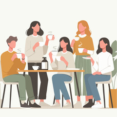 Vector of a group of people drinking coffee in a simple flat design style