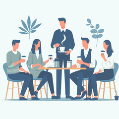 Vector of a group of people drinking coffee in a simple flat design style - obrazy, fototapety, plakaty