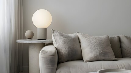 
Close up of sofa and side table with lamp. Scandinavian home interior design of modern living room.