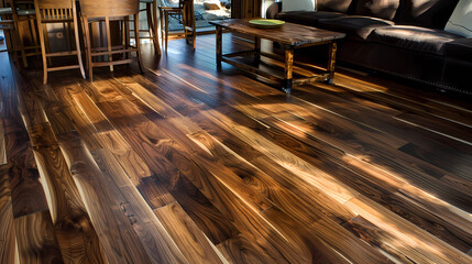 Black Walnut Flooring - North America - Hardwood flooring with a rich, dark brown color and straight grain patterns, highly prized for its beauty and durability - obrazy, fototapety, plakaty