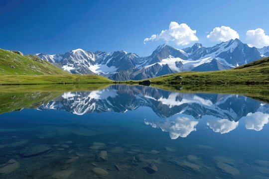 Pristine Alpine Lake Reflecting Snow Capped Peaks