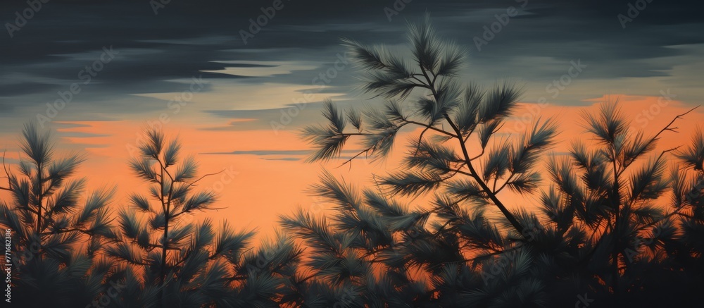 Wall mural A beautiful painting capturing a sunset with trees in the foreground, set against a colorful sky filled with clouds and a serene natural landscape during dusk