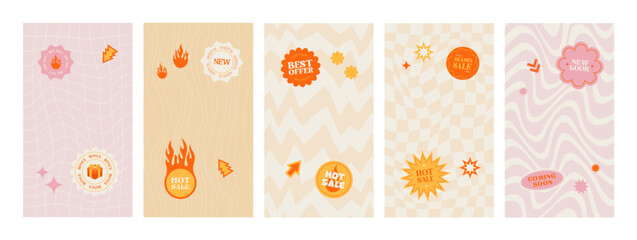 Set of abstract vintage template. New Arrival. Bonus. Sale. Best offer. Coming soon. Retro Trendy Promotion. 90s 80s 70s. Shopping stickers pack or icons collection. Vector