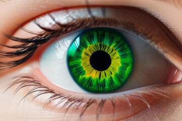 Close-up of a woman's unusual green eye