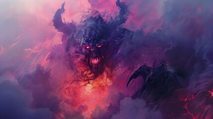 A pastel demon emerging from lava ethereal yet fearsome in a vivid digital art style
