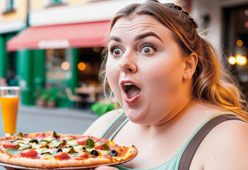 A plump girl carries a pizza , surprise emotions on her face