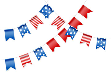 Feast flags for american independence day. Holiday decoration. Isolated vector design elements.