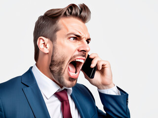 a businessman man holds a phone in his hand and screams in discontent
