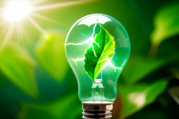 the concept of green energy, the light bulb burns from natural energy