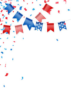 Feast flags with falling confetti for american independence day. Holiday decoration. Isolated vector design elements.