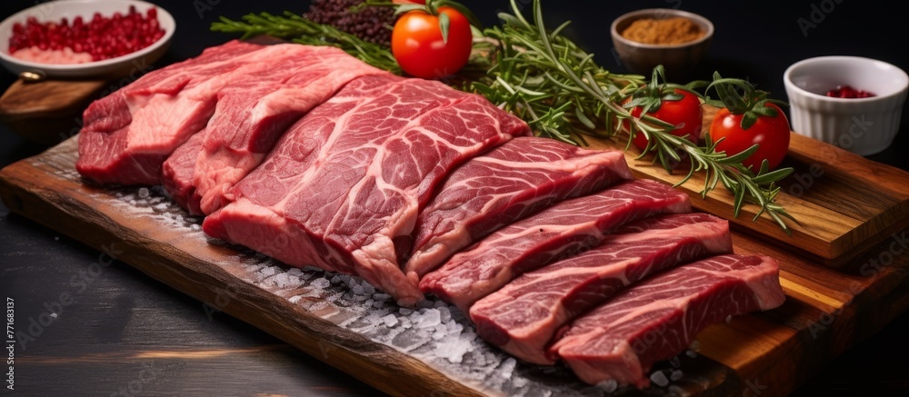 Canvas Prints a raw piece of beef, a red meat animal product, is placed on a wooden cutting board, ready to be use