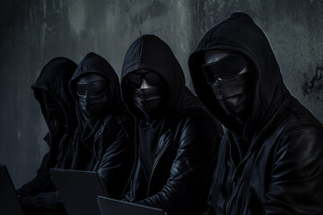 Hacker Group in Black Hoodies with Sunglasses using Laptops in Dark Room