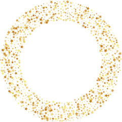 Golden stars confetti decoration. Rond frame from falling sparklers. Design element. Special effect on transparent background.