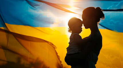 mother with child against the background of the flag of Ukraine. selective focus. - obrazy, fototapety, plakaty