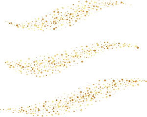 Golden stars confetti decoration. Horizontal flying path. Design element. Special effect on transparent background.