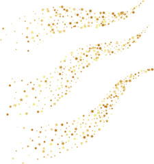 Golden stars confetti decoration. Horizontal flying path. Design element. Special effect on transparent background.