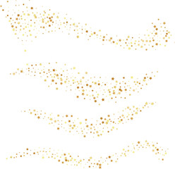 Golden stars confetti decoration. Horizontal wavy borders. Design element. Special effect on transparent background.