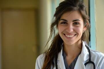 Smiling female medicine doctor, medical background.