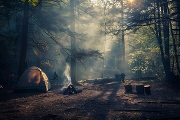 : A campsite in the forest, with smoke from the fire and the surroundings changing with the light - obrazy, fototapety, plakaty