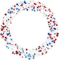 Blue and red stars confetti decoration. Rond frame from falling sparklers. Design element. Special effect on transparent background.