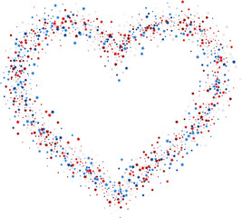 Blue and red stars confetti decoration. Heart swirl frame. Design element. Special effect on transparent background.
